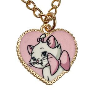 Vintage Disney Aristocats Marie Cat Necklace Pink Bow Signed Charms 18" White